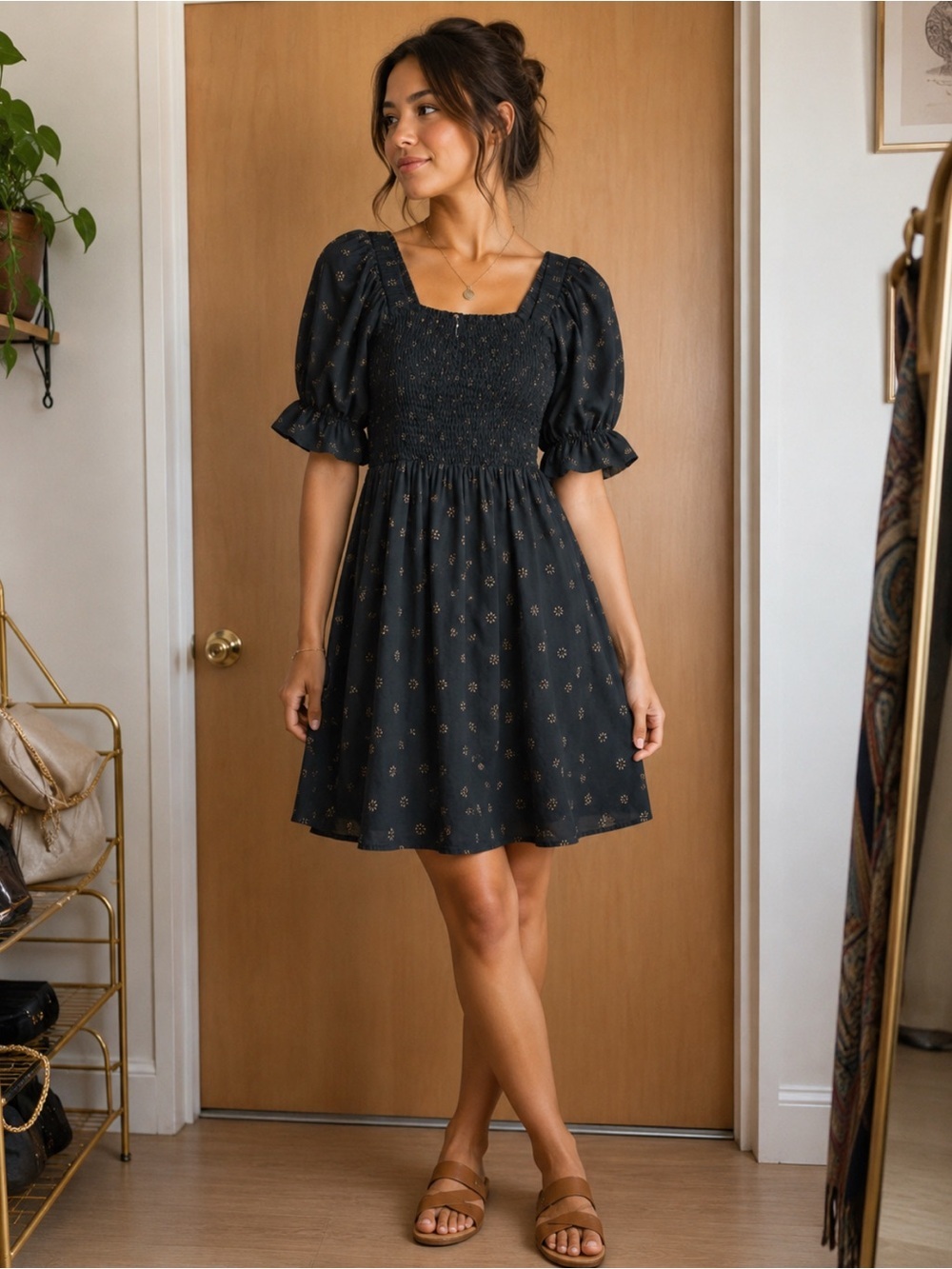 J. Crew Black Smocked Puff Sleeve Mini Dress Size-Small French Country